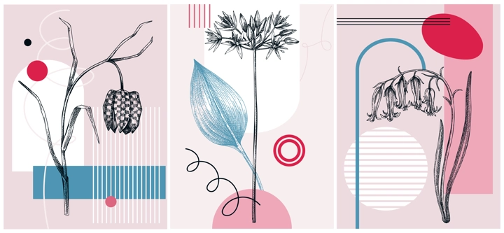 Collage-style first spring wildflowers vector illustration. Hand drawn floral banner. Trendy design with botanical sketches, and geometric shapes. Bluebell, wild garlic, fritillary flowers for prints